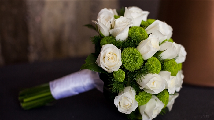 White roses and green flowers bouquet 4K