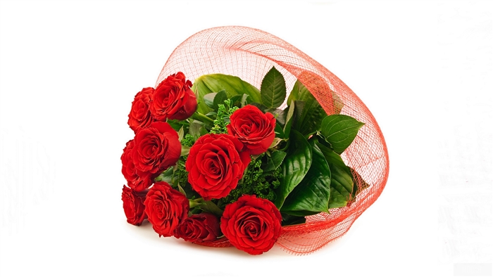 Bouquet of red roses in red netting