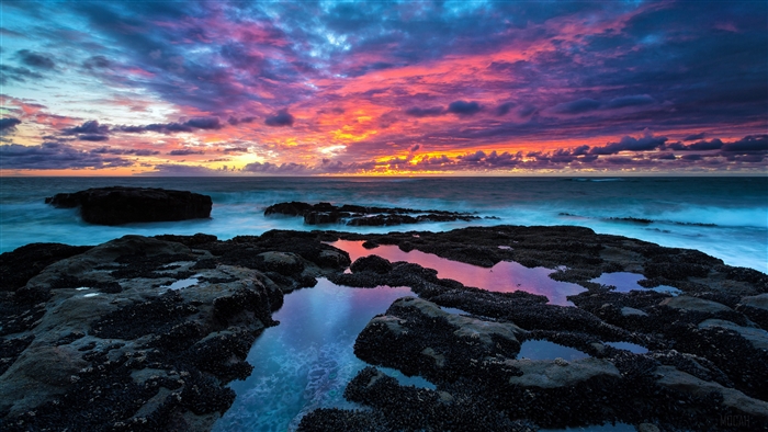 Sunset over rocky coast with tide pools