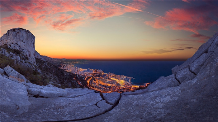 Monaco Cityscape at Dusk with Rocky Foreground 4K