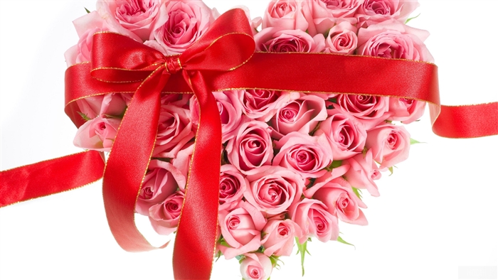 Heart-Shaped Pink Roses with Red Ribbon 4K