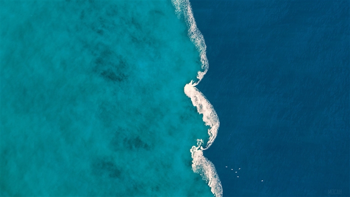 Aerial View of Turquoise and Deep Blue Ocean with Waves