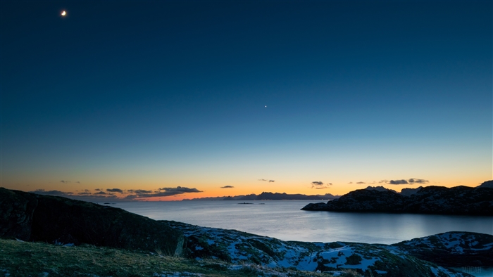 Sea and Moon at Dusk with Mountains