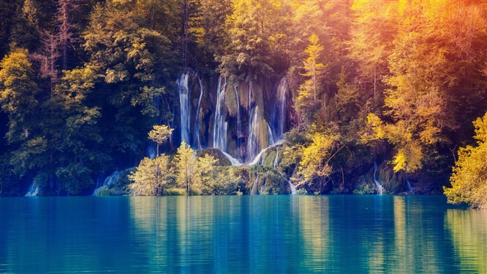 Waterfall in Autumn Forest Reflected in Lake 4K