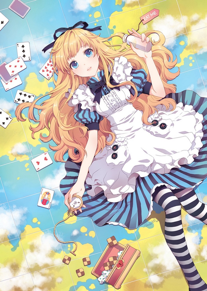 Alice from Alice in Wonderland with cards and potion