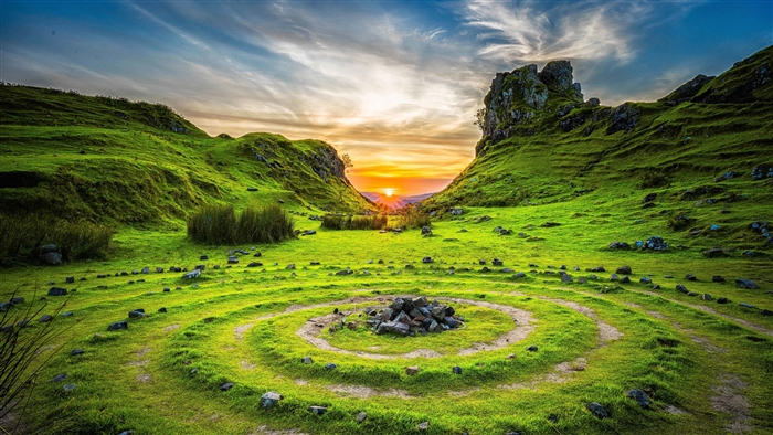 Fairy Glen landscape with stone circle, Skye, Scotland 4K