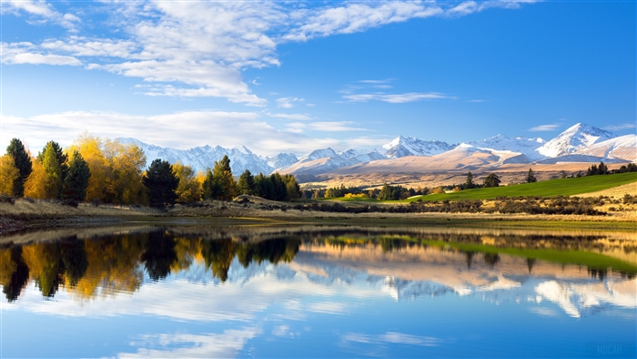 Lake Reflection of Autumn Trees and Snow-Capped Mountains