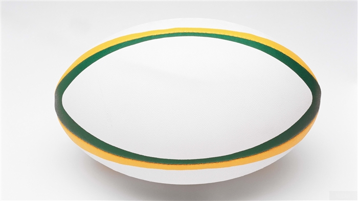 White rugby ball with green and yellow stripes 4K