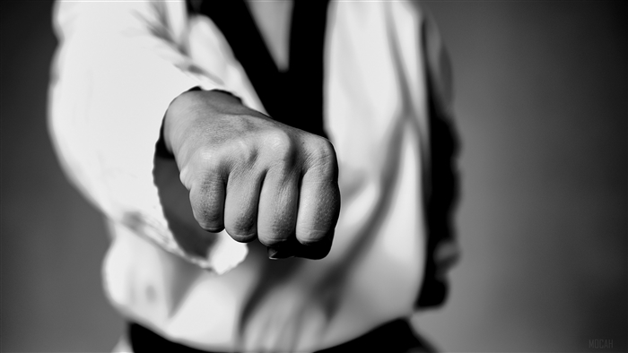Taekwondo fighter's fist in black and white 4K