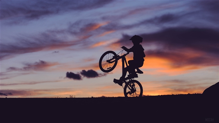 Cyclist doing a wheelie at sunset 4K