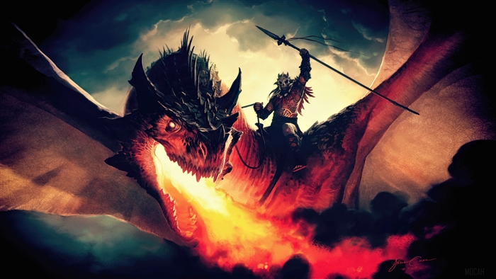 Dragon breathing fire with rider from Magic The Gathering Arena 4K