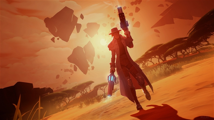 Dauntless character with guns in desert landscape 4K