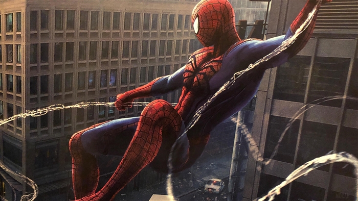 Spider-Man swinging through a city