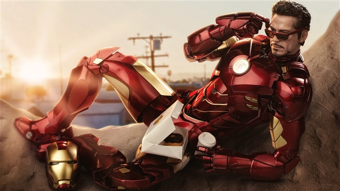 Iron Man from Marvel eating Dunkin' Donuts with coffee 4K