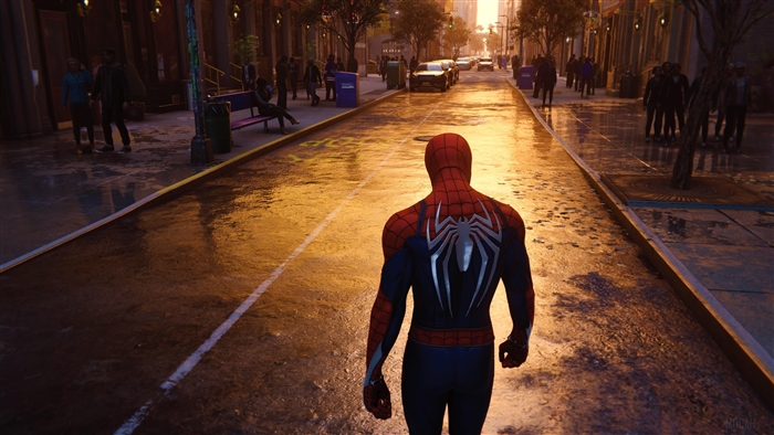 Spider-Man walking on wet NYC streets 4K