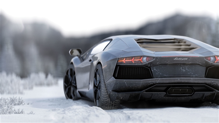 Lamborghini Aventador rear view in snow 4K