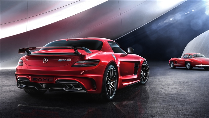 Red Mercedes SLS AMG and Classic Mercedes 300 SL