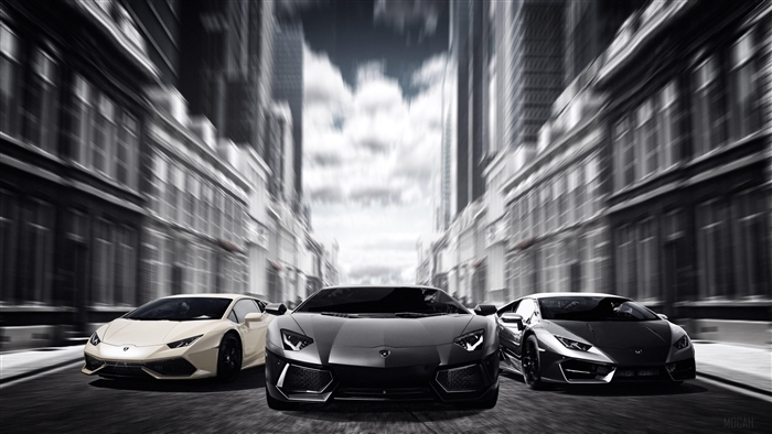 Three Lamborghinis on a city street in black and white 4K