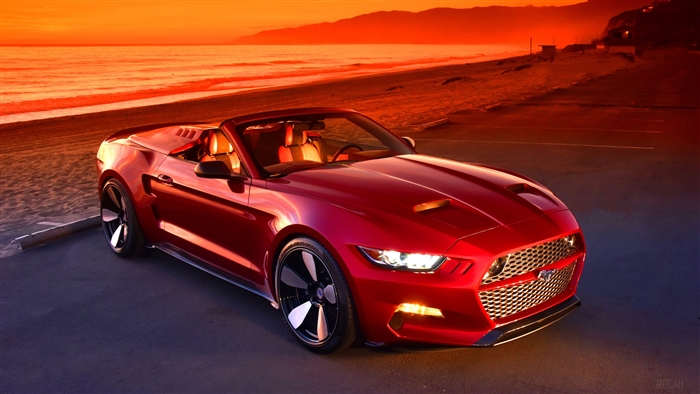 Red Mustang Convertible on Beach at Sunset 4K