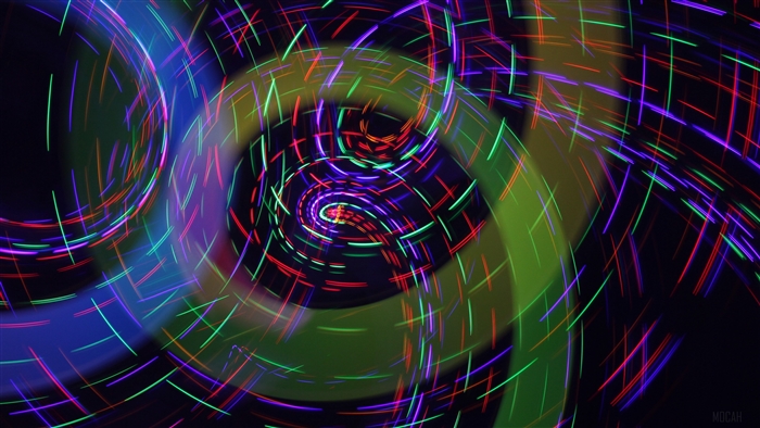 Neon light trails in a spiral pattern