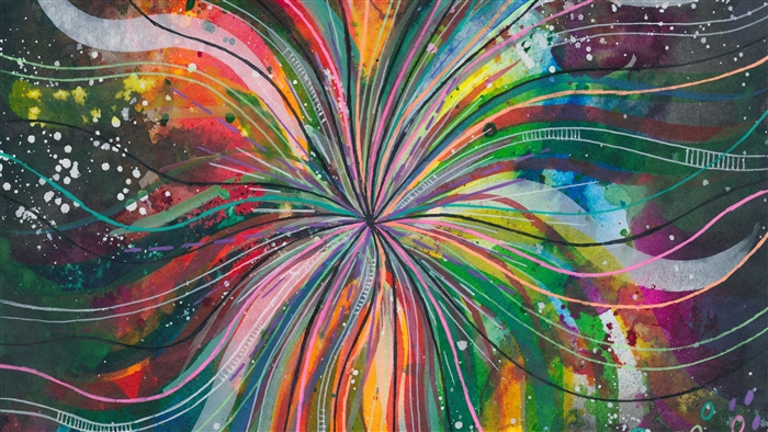 Abstract watercolor with multicolored lines and rainbow