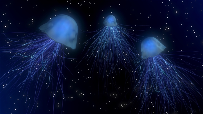 Three glowing blue jellyfish in starry space