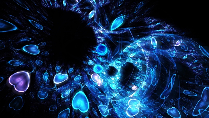 Blue fractal shapes and hearts 4K