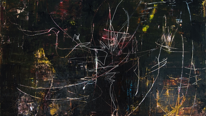 Abstract painting with dark background and colorful lines