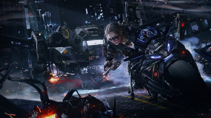 Woman on motorcycle in Crossfire Game 4K