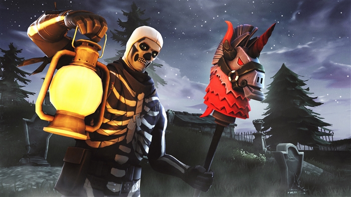 Skull Trooper from Fortnite holding a lantern and a pickaxe