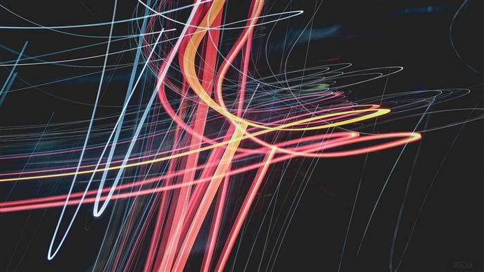 Abstract light trails in red, yellow, and blue