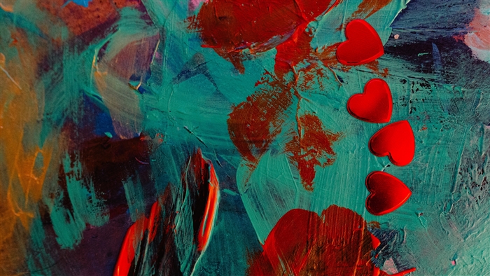 Abstract painting with red hearts