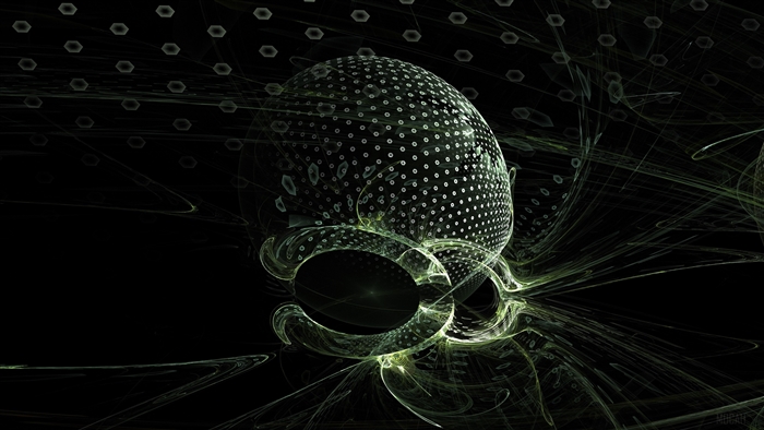 Abstract fractal sphere with hexagonal patterns in dark space