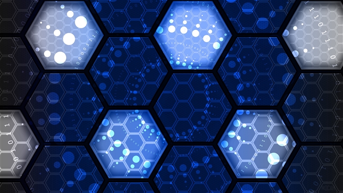 Hexagonal network with binary code and glowing circles 4K