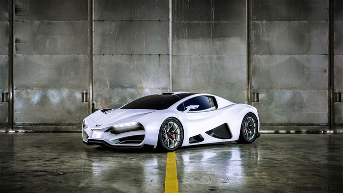 White Aston Martin sports car in a hangar