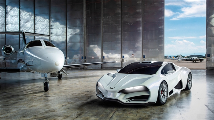 White futuristic car and private jet in hangar