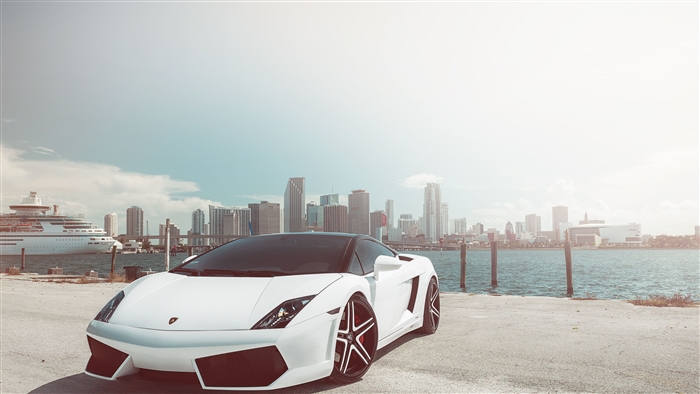 White Lamborghini Huracan parked by the water with city skyline