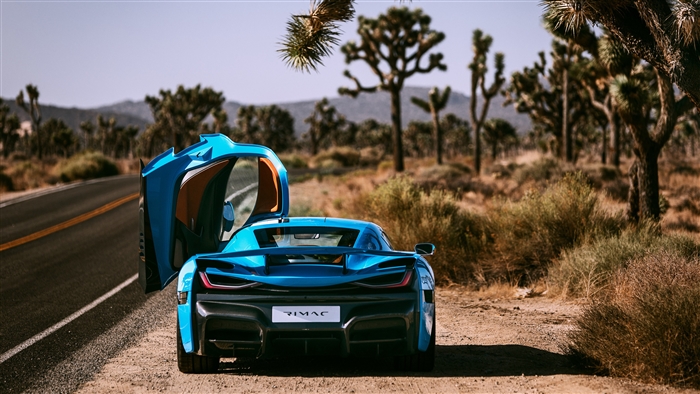 Rimac Nevera electric car in desert landscape
