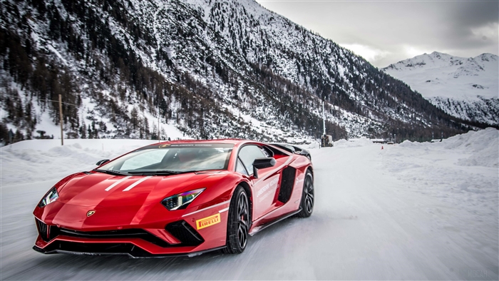 Red Lamborghini Aventador on a Snowy Road 4K