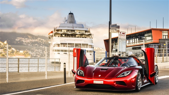 Red Koenigsegg Agera with Scissor Doors by Cruise Ship