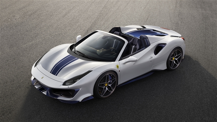 White 2018 Ferrari 488 Pista Spider with blue stripes
