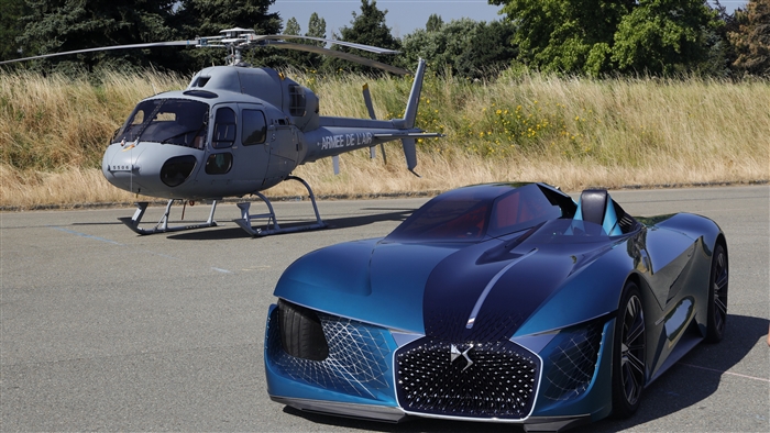 DS X E Tense concept car and helicopter