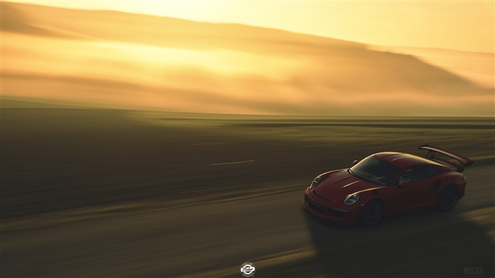 Red Porsche 911 GT3 RS driving on a road at sunset 4K