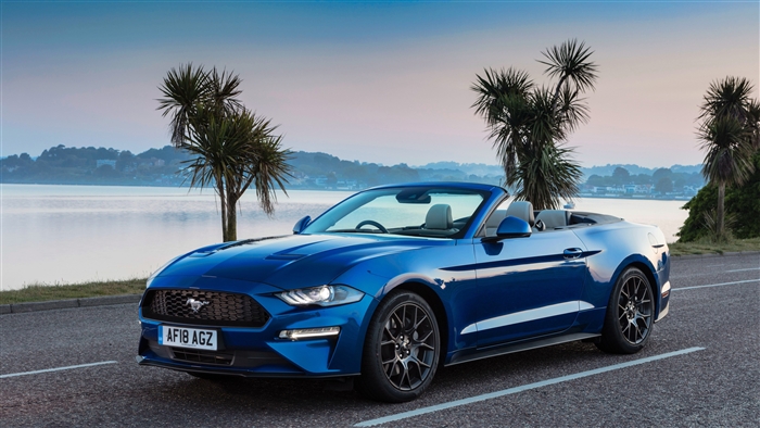 Blue 2018 Ford Mustang EcoBoost Convertible 4K