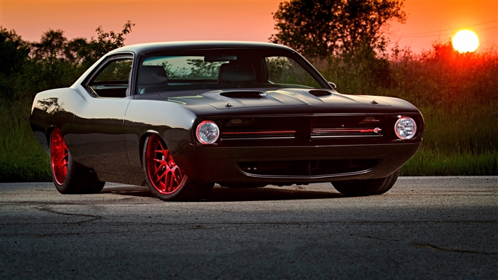 Black 1970 Plymouth Barracuda with red wheels