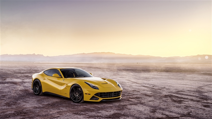 Yellow Ferrari F12 in desert landscape 4K