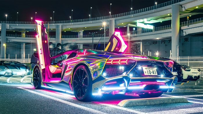 Neon Lights Lamborghini Aventador 4K Night Scene