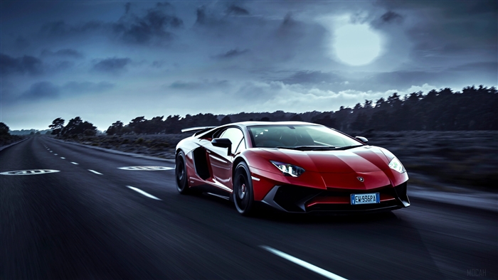 Red Lamborghini Aventador under the Moonlight 4K