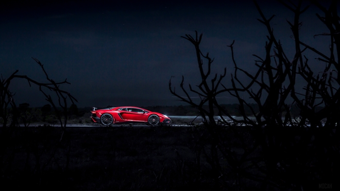 Red Lamborghini Aventador SV at Night