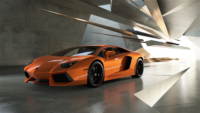 Orange Lamborghini Aventador in Modern Architecture 4K
